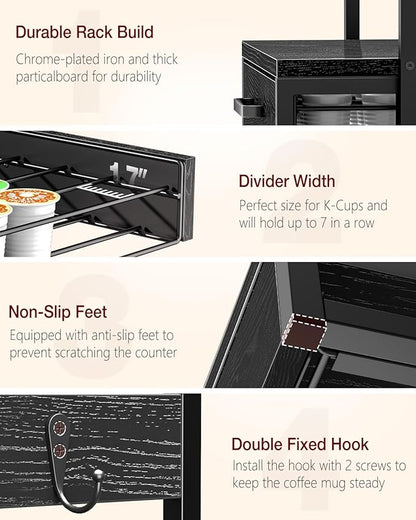 Coffee Pod Drawer for K Cup, 35 Pods K-Cup Holder Organizer with Cup Holder, Durable Coffee Maker Stand with Storage Drawer, Black