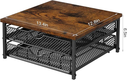 Coffee Pod Drawer K Cups Organizer 2-Tier Coffee Pod Storage Holder with Drawer Baskets 72 Capacity Coffee Capsule Storage Organizer Drawer, Industrial Brown and Black
