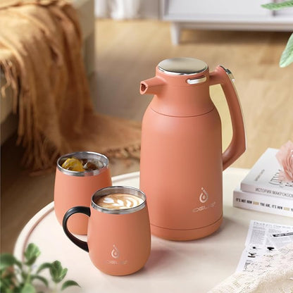 IDEUS Thermal Coffee Carafe 68oz (2,000ml), Stainless Steel Double Wall Insulated Vacuum Flask, Water Jug Coffee Server and Beverage Dispenser, Heat and Cold Retention (Coral, 68oz (2,000ml))