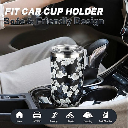 40 oz Tumbler with Lids and Straws, Stainless Steel Insulated Coffee Tumbler, Double Wall Vacuum Insulated Travel Mug Cup, Leakproof Thermal Coffee Cup for Hot and Cold Drinks (White Flower)