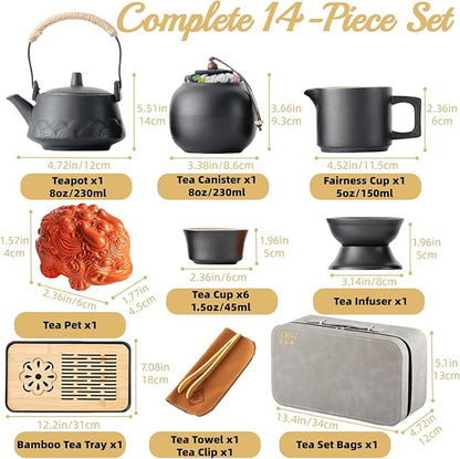 ICHAG Japanese & Chinese Tea Set, Adults' Portable Gongfu Tea Set with Teapet with Porcelain Teapot, 8oz Teapot,14-Piece 茶具 for Home/Outdoor/Office Gifts (Gray)