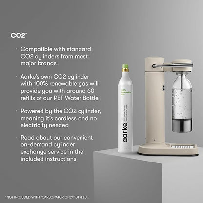 Aarke Carbonator lll with CO2 Cylinder, Sparkling & Carbonation Water Machine, Stainless Steel with PET BPA-Free Reusable Bottle Volume 1L/34 fl oz (Sand)