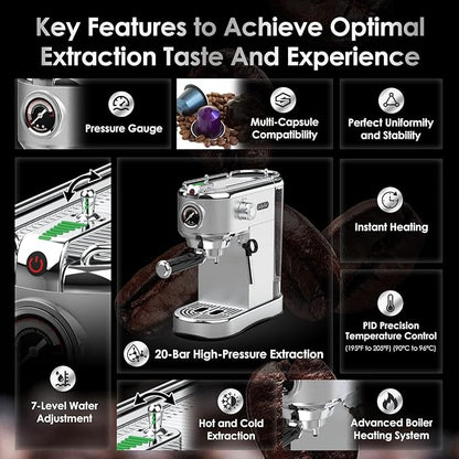 20-Bar Espresso Machine & Coffee Machine – Compatible with Nespresso, Keurig K Cup – Hot & Cold Brew, Milk Frother, Stainless Steel – 10 oz Espresso Cup - Latte Machine & Cappuccino Machine