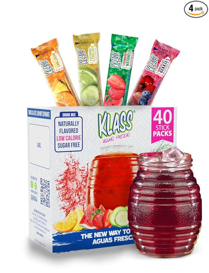 Klass Aguas Frescas | Drink Mix Variety Pack | Cucumber Limeade, Strawberry Watermelon, Hibiscus Berries & Pineapple Tangerine | Sugar Free On-The-Go Packets (40 Count Powder Stick Packs)