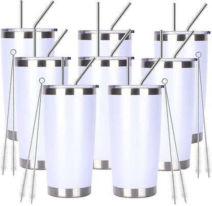 Pandance 20oz Stainless Steel Insulated Tumblers with Lid and Straw Bulk, Double Wall Vacuum Water Cups for Hot & Iced Coffee Drinks Travel Mug (White, 8 pack)