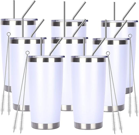 Pandance 20oz Stainless Steel Insulated Tumblers with Lid and Straw Bulk, Double Wall Vacuum Water Cups for Hot & Iced Coffee Drinks Travel Mug (White, 8 pack)