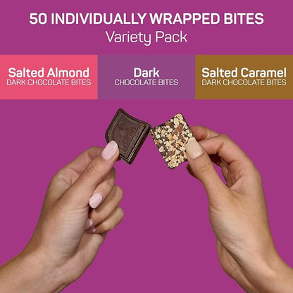 AWAKE - Caffeinated Chocolate Bites - USA Variety Pack (3 Flavors) 50 Bites - Dark, Salted Caramel, & Salted Almond - 50mg Caffeine - Coffee Alternative - Fairtrade - Gluten-Free - Non GMO - 0.48oz