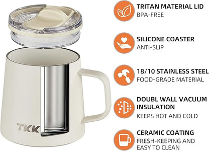 TKK 12 oz Insulated Coffee Mug with Handle Ceramic Coating Detachable Slider Lid Stainless Steel Tumbler Double Wall Vacuum Travel Cup