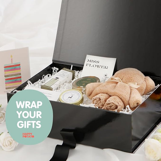 HAPPY POTATO Large Black Gift Box with Lid and Ribbon 13.5x9x4.1 Inches, Groomsman Proposal Box, Magnetic Gift Box for presents (Glossy Black)