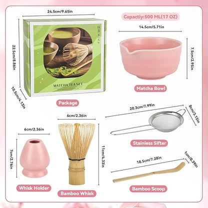 Pink Matcha Whisk Set - Ceramic Matcha Making Kit with Bamboo Whisk, Scoop, Bowl, Ceramic Holder & Sifter –5 PCS Handcrafted Elegant Japanese Tea Ceremony Tools Gift for Matcha Lovers