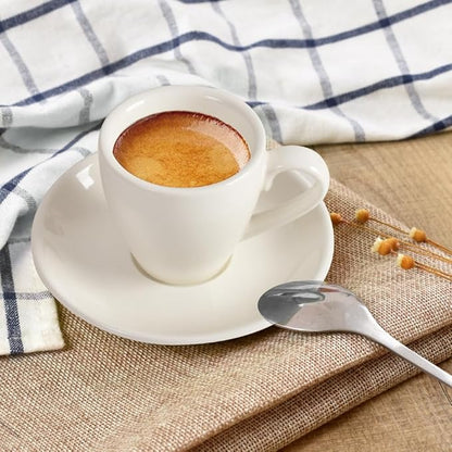 Porcelain Espresso Cup with Saucer And Stainless Steel mini Spoons, Espresso shot Cup, 80ml/2.7Oz, Pack of 2, White