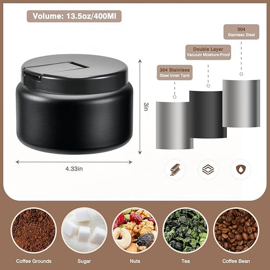 Coffee Canister, Premium Stainless Insulated Vacuum Steel Coffee Bean Storage Container Travel Jar, Kitchen Food Airtight Coffee Grounds Container for Tea, Sugar, Flour (13.5oz-Black)
