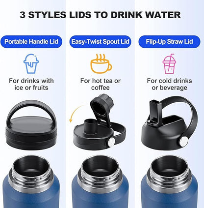 HYDROWION 40 oz Insulated Water Bottle with Straw fit in Car Cup Holder(Cold 48 hrs, Hot 24 hrs) Drinking Bottle with Straw Lid, Spout Lid and Flex Cap Leakproof Travel Thermo Mug，Red