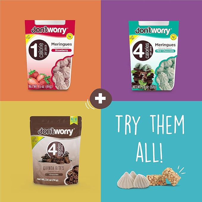 Don't Worry Low Calorie Meringue Cookies - 4 Pack - Cookies & Cream, Just 1 Calorie per Piece | Low Sugar Candy, Gluten Free, Protein Snacks | Keto Friendly and Healthy Snacks for Adults