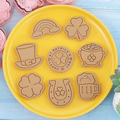 St. Patrick's Day Cookie Cutters, 8Pcs 3D Plastic Cookie Molds Cartoon Shamrock Four Leaf Clover Horseshoe Biscuit Cutters for Irish Holiday Party Baking Cutting Tool (D8)