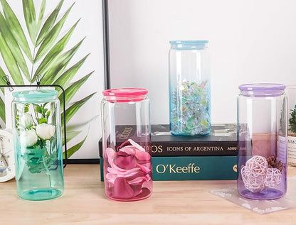 Joyclub 20oz Glass Cups with Acrylic Lids and Straws 8 Set Can Shaped Glass Iced Coffee Cups with Lids, Gradient Drinking Glasses Cute Tumbler Cup Great for Smoothie Soda Boba Tea Cocktail Beer Gift