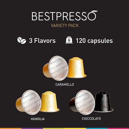 Bestpresso Coffee for Nespresso Original Machine 120 Aluminum pods Certified Genuine Espresso Variety Pack Caramel,Vanilla and Chocolate