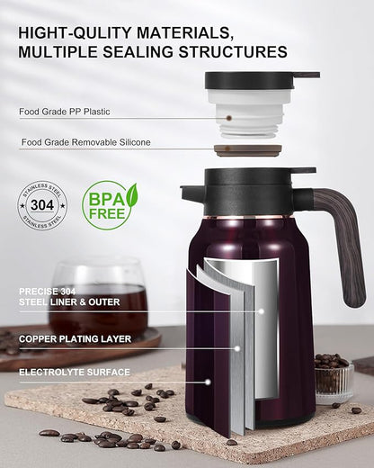 51 Oz Carafes for Hot Liquid, Stainless Steel Insulated Vacuum Thermal Coffee Carafes For Keeping Hot, 1.5 Liter Coffee Dispenser(Angola Red)