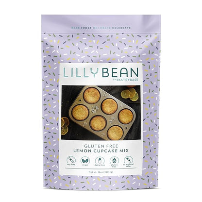 LillyBean Gluten Free Moist Lemon Cupcake Mix with No Artificial Colors - Dairy and Soy Free, Vegan - Makes Delicious Desserts - Cakes, Donuts, Cake Pops - 12 oz