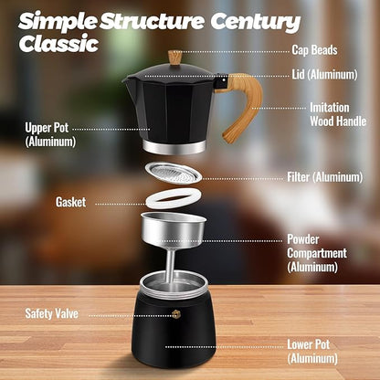 12 Cup Aluminum Moka Pot Classic Stovetop Espresso Coffee Maker 600ml 20oz Coffeemaker Percolator Mocha Pot Greca Coffee Maker Cafe Makers for Italian and Cuban Café Brewing Black