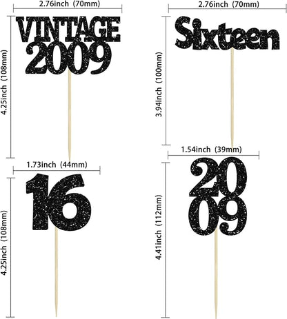 Gyufise 24Pcs 16th Birthday Cupcake Toppers Glitter Sixteen Vintage 2009 Sweet 16 Cupcake Picks Hello 16 Years Birthday Cake Decorations for Happy 16th Birthday Anniversary Party Supplies Black