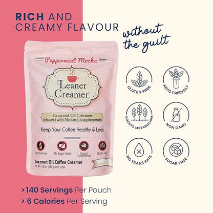 Leaner Creamer Non-Dairy Sugar Free Coffee Creamer Powder. Perfect Coconut Oil Non-Dairy Powder To Naturally Cream and Sweeten Coffee, Smoothies, Protein Shakes & More! Ideal Flavoring For All Diets 9.87 oz Pouch PEPPERMINT MOCHA