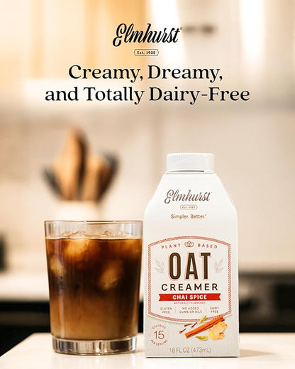 Elmhurst 1925 Chai Spice Oat Creamer - 16 Ounce (Pack of 6) Dairy-Free, Vegan, Kosher, Low Sugar, Shelf Stable Creamer Made with Oat Grains & Chai Spice for Healthier, Simpler Plant Based Alternatives