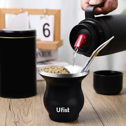 Yerba Mate Cup Set, Include Stainless Steel Double-Wall Mate Gourd with 2 Bombilla Straws and Cleaning Brush, 7.8oz Capacity, Black