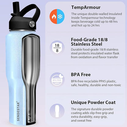 SENDESTAR 32oz Stainless Steel Water Bottle(Cold for 48 Hrs, Hot for 24 Hrs),Double Wall Vacuum Insulated Bottle with Straw Lid, Spout Lid and Flex Cap, Fit in Any Car Cup Holder TXIN-32-Laser Blue