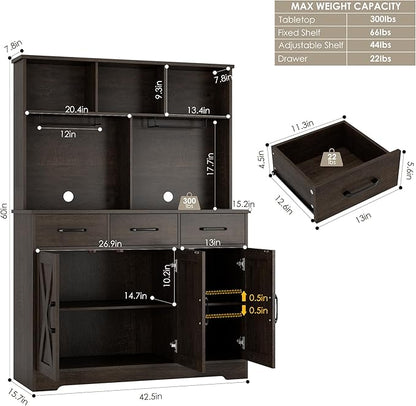 HOSTACK Buffet Cabinet with Hutch, Modern Farmhouse Kitchen Buffet Sideboard Storage Cabinet with 3 Drawers, Barn Door Coffee Bar Station for Dining Room, Living Room, Dark Brown