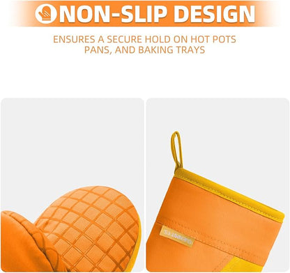 Mini Oven Mitts, Kitchen Oven Gloves Kitchen Mittens 500 Degrees Heat Resistant Baking Gloves, Non-Slip Silicone Surface with Hanging Loops Hot Gloves for Cooking, Baking, BBQ 1 Pair-Orange