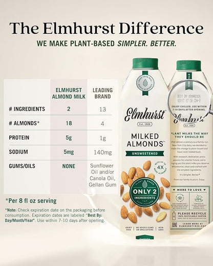 Elmhurst 1925 Unsweetened Almond Milk - 32 Ounce (Pack of 6) Dairy-Free, Vegan, Kosher, No Added Sugar, Shelf Stable Milk Made with Water & Almonds for Healthier, Simpler Plant-Based Alternatives