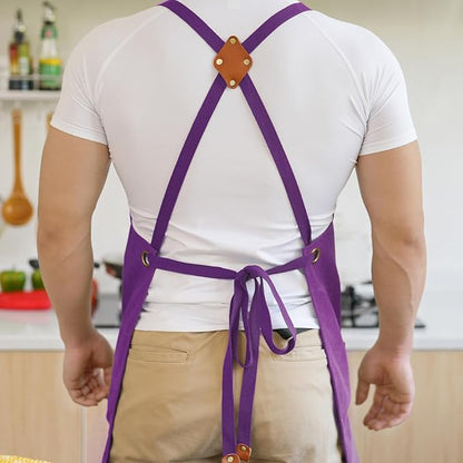Canvas Aprons for Men Chef Apron, Work Apron with Large Pockets - 16oz Heavy Duty Cross Back, BBQ, Cooking