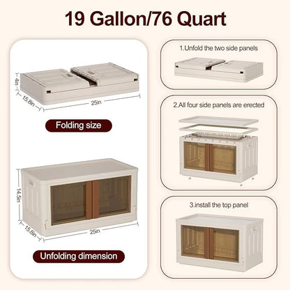 19Gal Collapsible Storage Bins with Lids & Wheels - 4 Pack Stackable with Doors, Heavy-Duty Plastic Cabinet for Home/Office, Milk White