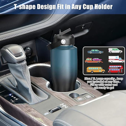 SENDESTAR 32oz Water Bottle Wide Mouth Stainless Steel Vacuum Insulated Double Wall with 2 Straw Lids Fit in Any Car Cup Holder TXIN-32-Dark Green