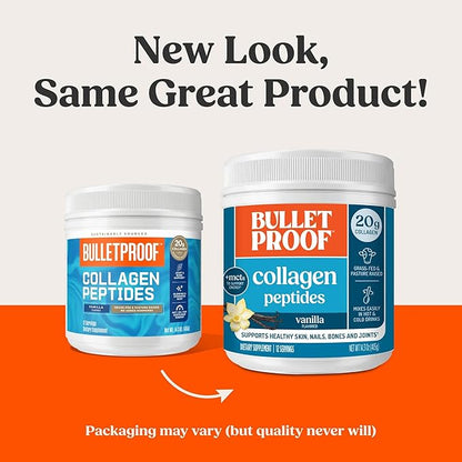 Bulletproof Vanilla Collagen Peptides Powder with MCT Oil, 14.3 Ounces, Grass-Fed Collagen Protein for Skin, Bone and Joint Support, Pasture Raised, No Added Hormones, Packaging May Vary