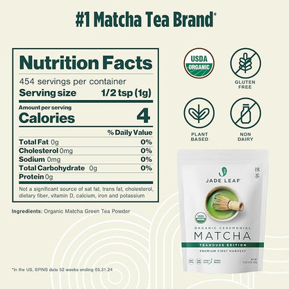 Jade Leaf Matcha Organic Premium Ceremonial Grade Matcha Green Tea Powder - Japanese - Culinary, Ingredient, Ceremonial Barista Teahouse, Latte, Collagen, 16 Ounce (Pack of 1), Ceremonial Teahouse
