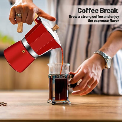 6 Cup Aluminum Moka Pot Classic Stovetop Espresso Coffee Maker 300ml 10oz Coffeemaker Percolator Mocha Pot Greca Coffee Maker Cafe Makers for Italian and Cuban Café Brewing Red