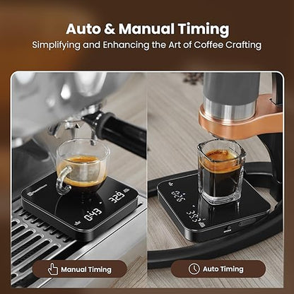 Rechargeable Mini Coffee Scale with Timer, Maestri House Espresso Scale, 2kg/0.1g Accurate Scale for Espresso and Pour-Over Coffee, Portable Digital Kitchen Scale with Automatic Timing（Black）