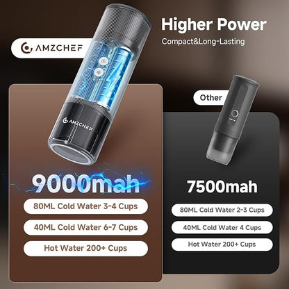 AMZCHEF Portable Espresso Machine w/ 9000mAh Battery & USB-C, 2-in-1 Travel Coffee Maker for Ground/NS Capsules, Car Coffee Machine Self-Heating for Camping, RV, Hiking, Office, Aluminum