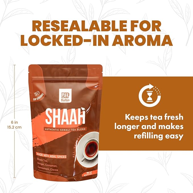 Loose Leaf Chai Black Tea with Ginger, Cardamom & Clove – Spiced African Tea Inspired by Somali Tradition – 4.4oz | Makes 30 Cups | Shaah Organic Tea Blend