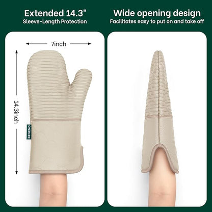 Beneno Kitchen Oven Mitts 2-Pack Heat Resistant to 500°F with Non-Slip Silicone Grip, Extra Long 14.3" Forearm Protection, Soft Quilted Cotton Terry Lining, Ideal for Cooking, Baking, Grilling, Beige
