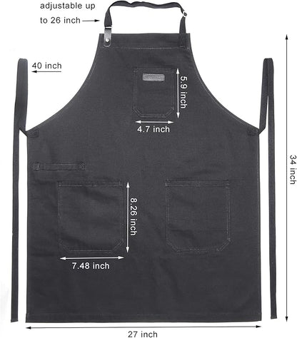 Black Cotton Kitchen Apron, Mens Womens Professional Cooking Bib Apron for Chef Grill BBQ, with Pockets Towel Loop and Adjustable Neck Strap