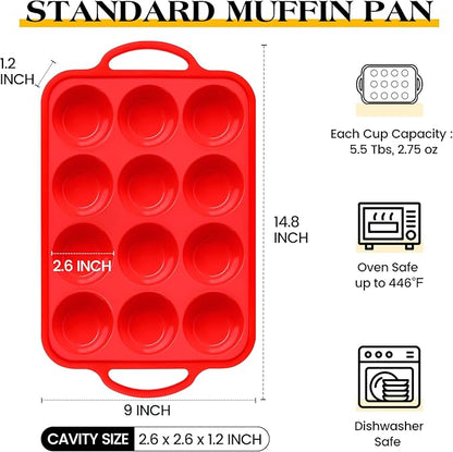 2 Pcs Silicone Muffin Pan for Baking with Metal Frame, Nonstick 12 Cup Regular Size Cupcake Pan, Silicone Muffin Tray for Egg Bites (Red)