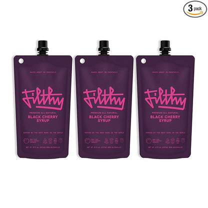 Filthy Black Cherry Syrup, Cocktail Mixer, Black Cherry Syrup, Non-GMO, Gluten Free, Vegan, Made from All Natural Wild Italian Amarena Cherries, 8 Oz Pouch, 3 Pack