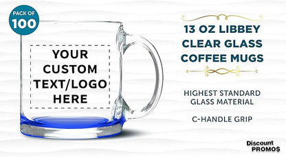 Custom Clear Glass Coffee Mugs 13 oz. Set of 100, Personalized Bulk Pack - Perfect for Coffee, Tea, Espresso, Hot Cocoa, Other Beverages - Blue Bottom