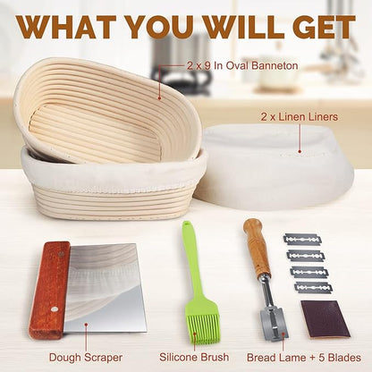 Rorecay Banneton Bread Proofing Baskets Set of 2, 10 Inch Oval Cane Sourdough Bread Rising Basket Bowls with Sourdough Bread Lame Dough Scraper Basting Brush for Sour Dough Proofing Fermentation