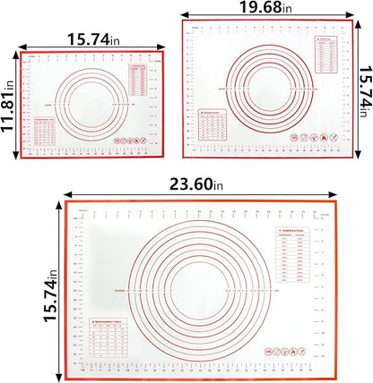Silicone Baking Mat With Measurement Function Set of 3 Use Food Grade Silicone Ldeal for Dough Rolling Pie Crust Bread Making and Making Cookies (23.6×15.7,19.6×15.7, 15.7×11.8inch, Red)