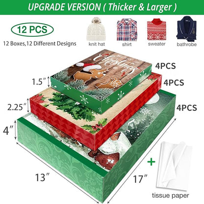 12 Christmas Gift Wrap Boxes Bulk with Lids for Wrapping Extra Large Clothes,12 tissue paper and 80 Christmas Stickers(Assorted size for Shirts, Robes, Coats, Sweaters and xmas Holiday Present)