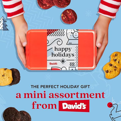 David's Cookies Happy Holidays Mini Cookies in Sweet Sampler Tin - Assorted Mini Christmas Cookies with Chocolate & White Chocolate Chip and Red Velvet - Gourmet Cookie Gift Basket for Christmas 14oz